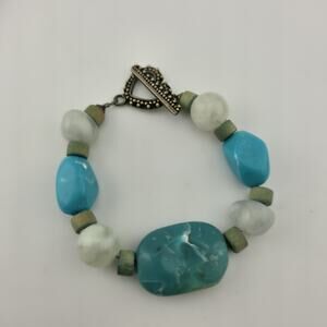 Sterling Silver Flux Stone Beaded Bracelet 6.5” Blue Green Simulated Stones